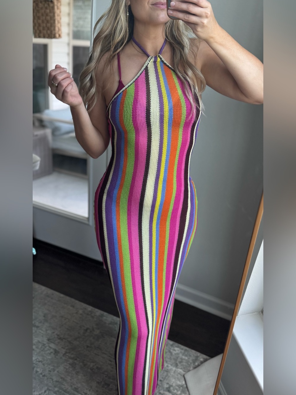 Multicolor Striped Halter Midi Bathing Suit Cover Up Crochet Dress